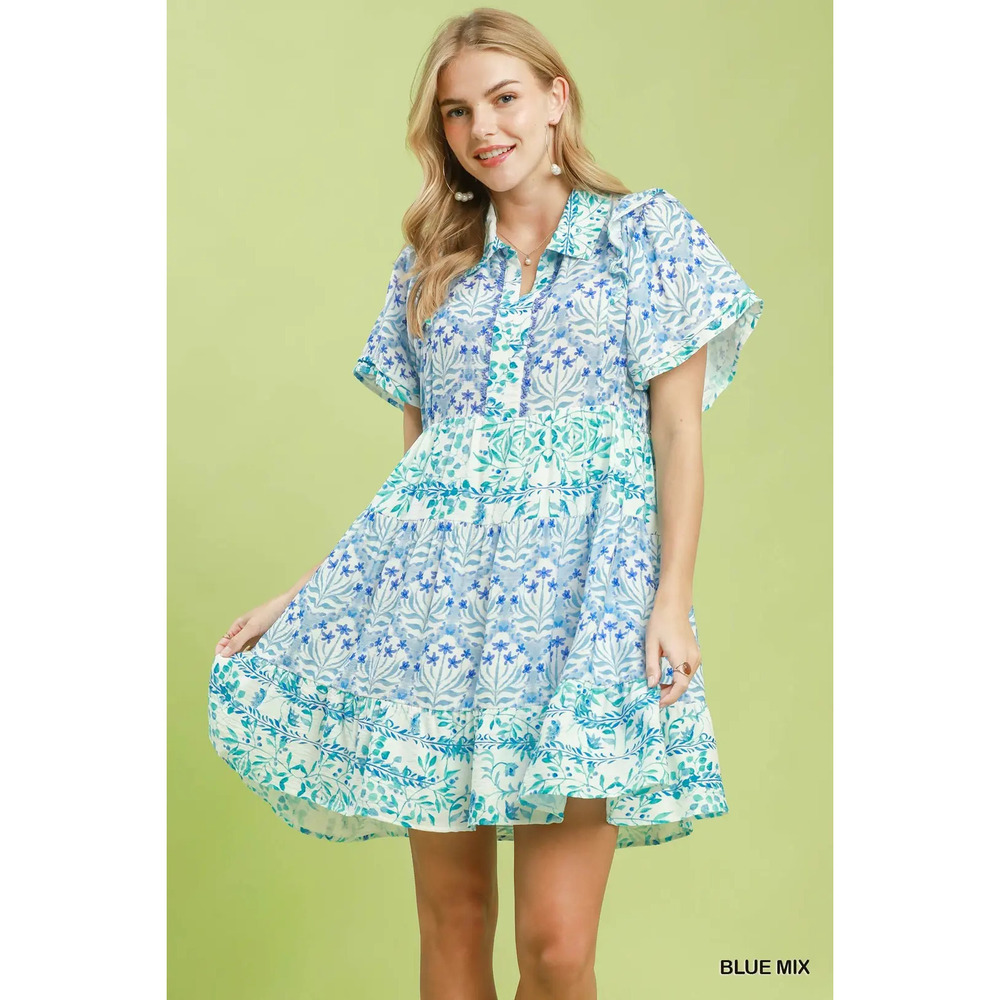 Umgee Mixed Floral Tiered Mini Dress with Flutter Sleeves